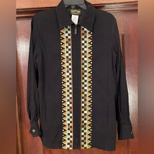 Bob Mackie Wearable Art Embroidered Geometric Horse Zip Faux Suede Womens Jacket